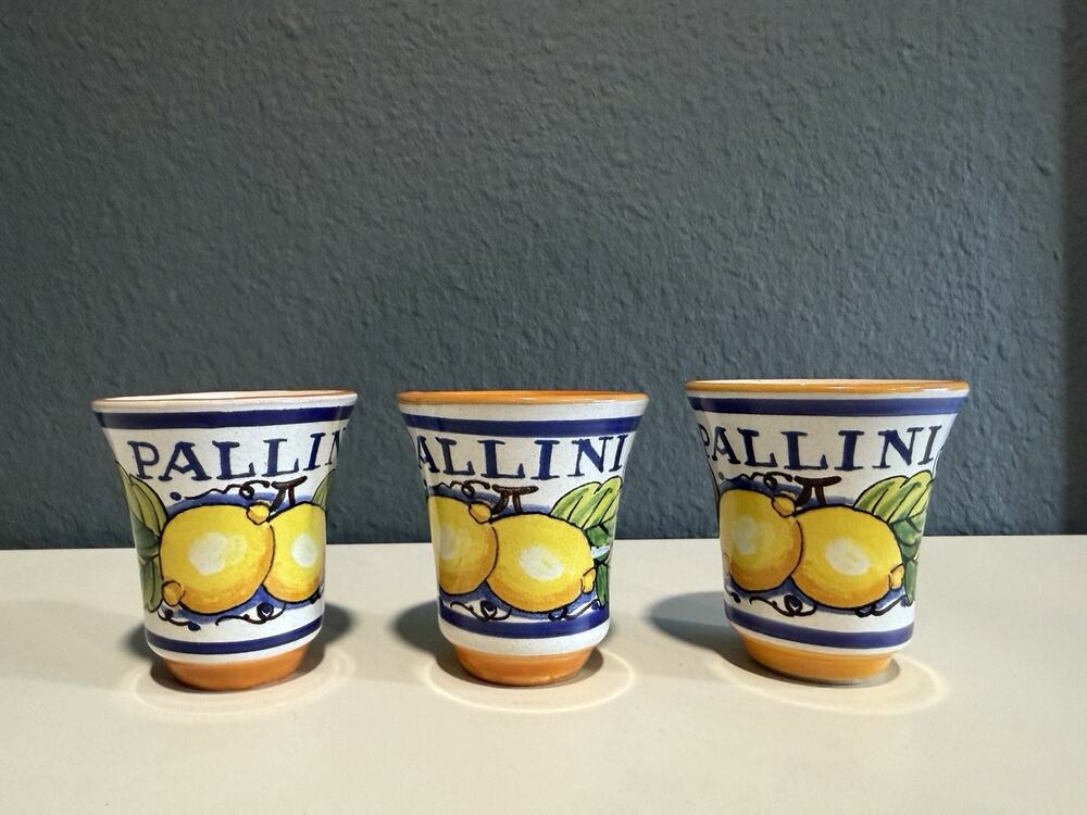 Set 3 Deruta Italy Hand Painted Pallini Limoncello Glasses Lemon Italian Pottery